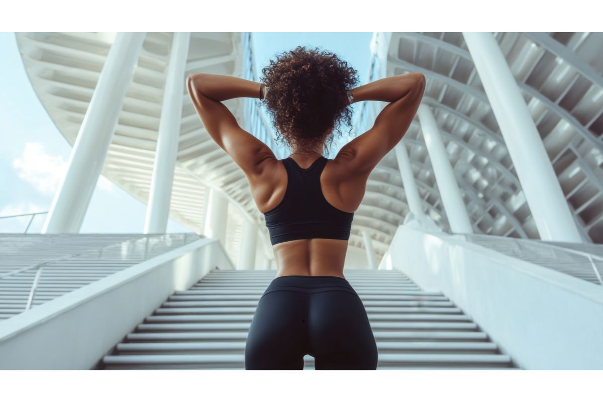 Woman preparing to run up stairs