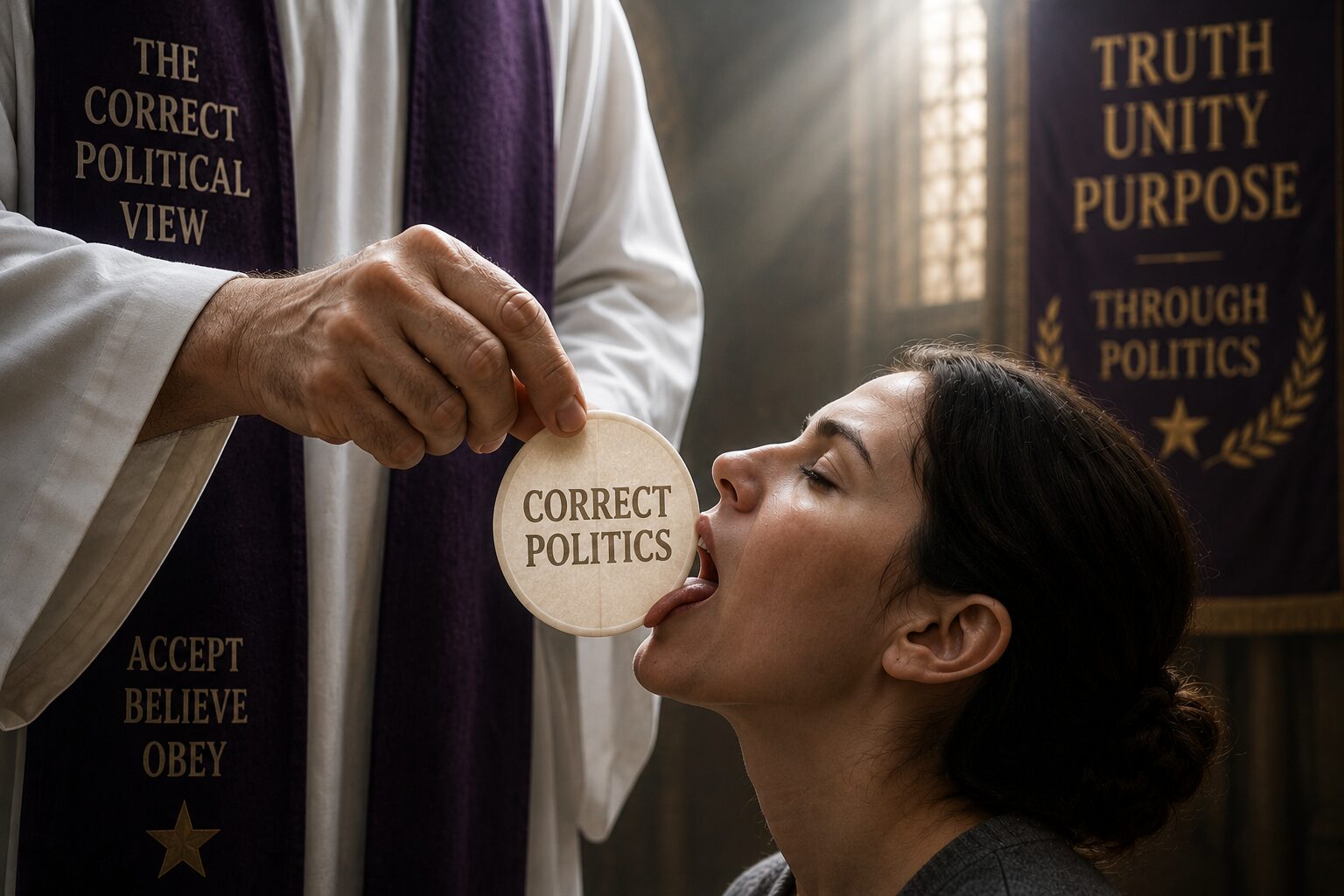 Woman receiving the "correct politics" wafer.