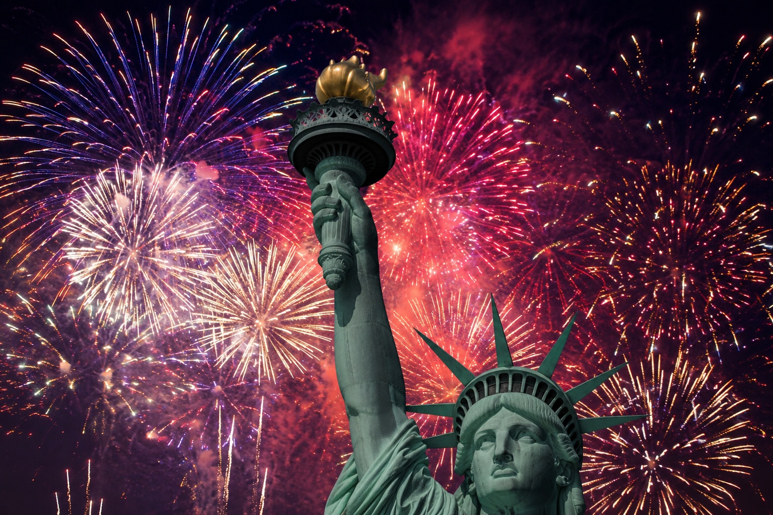 Statue of Liberty and Fireworks