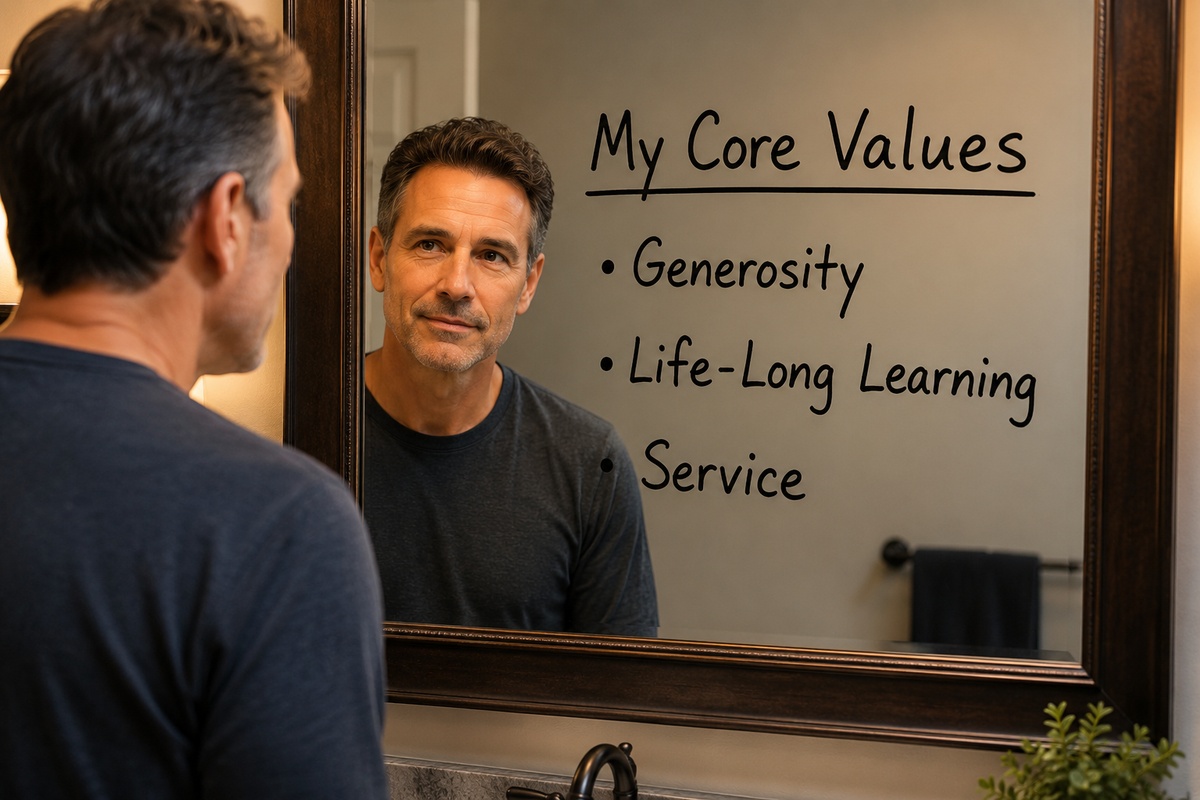 Man looking at his values in the mirror