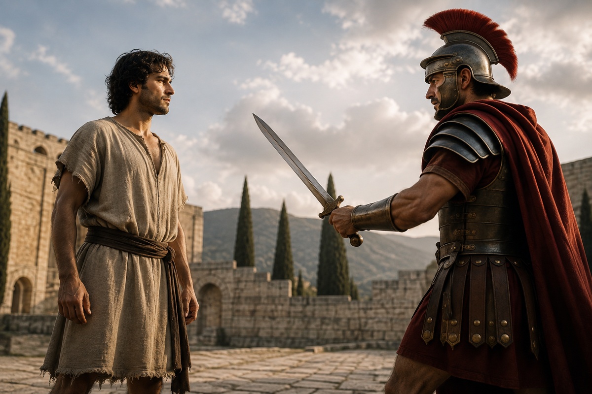 Roman swordsman facing vulnerable unarmed man