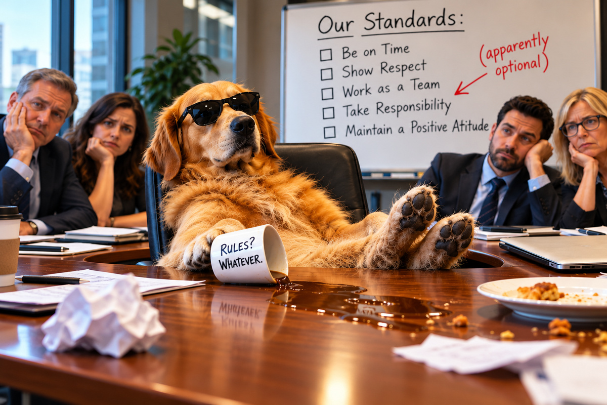 Dog kicking back in his chair at a meeting.