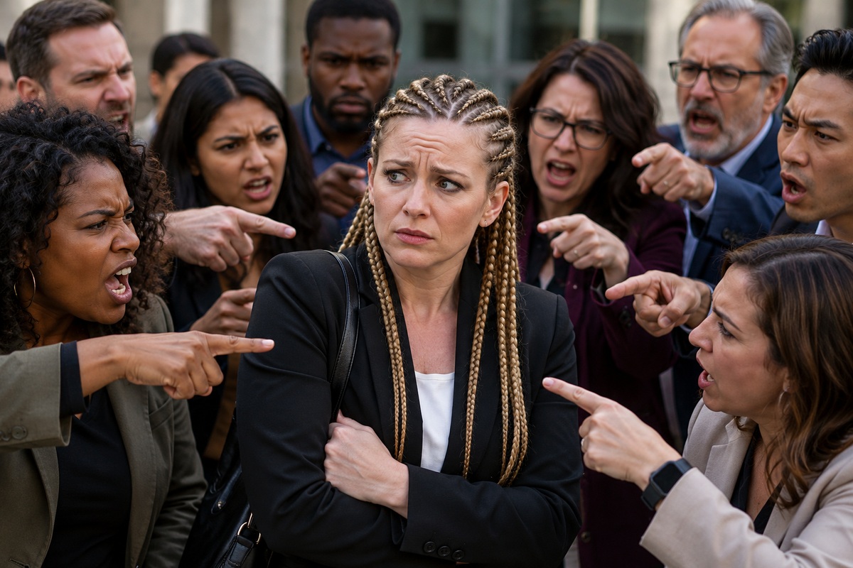 White woman with cornrows on the receiving end of persecution