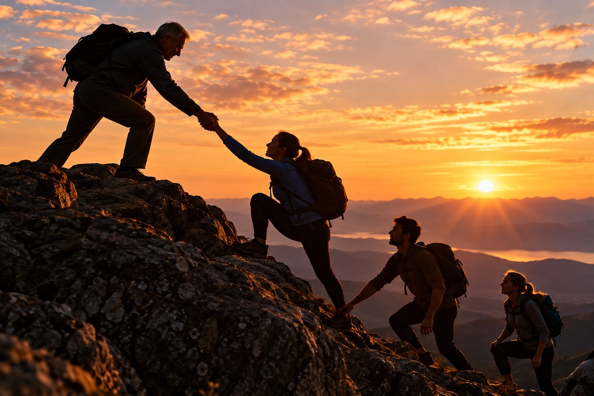 Mountain climbers being led